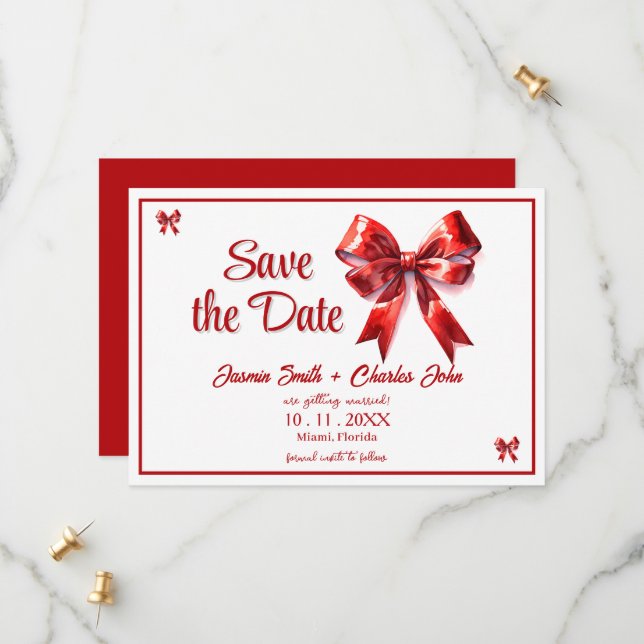 Pretty Coquette Red Bow Wedding Invitation (Front/Back In Situ)