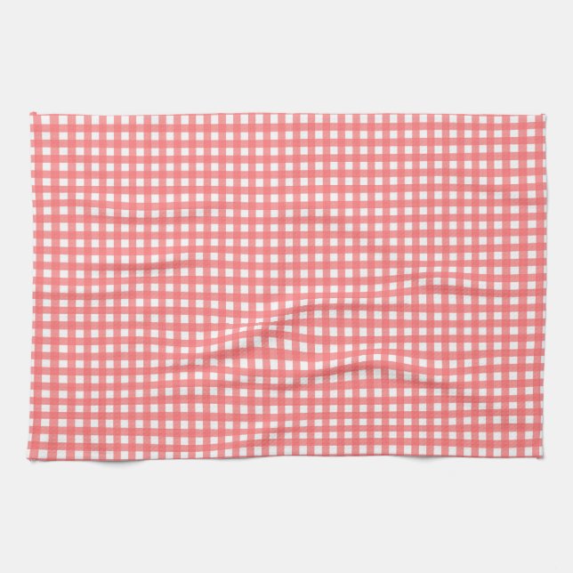 Pretty Coral Classy Gingham Pattern Tea Towel (Horizontal)