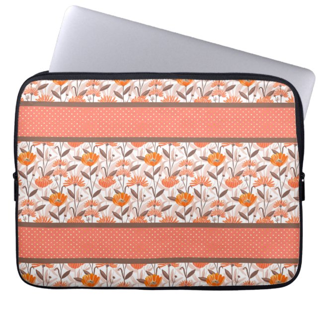 Pretty Coral & Orange Floral Panel  Laptop Sleeve (Front)