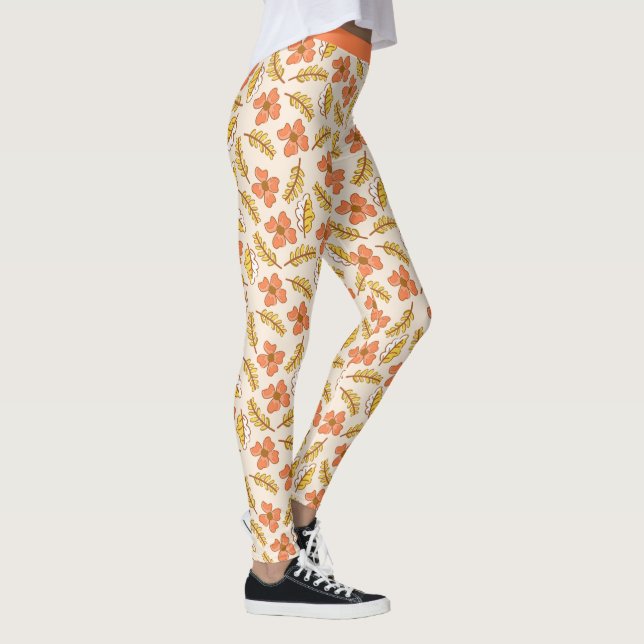 Pretty Coral Salmon Floral Foliage Flowers Yoga Leggings (Right)