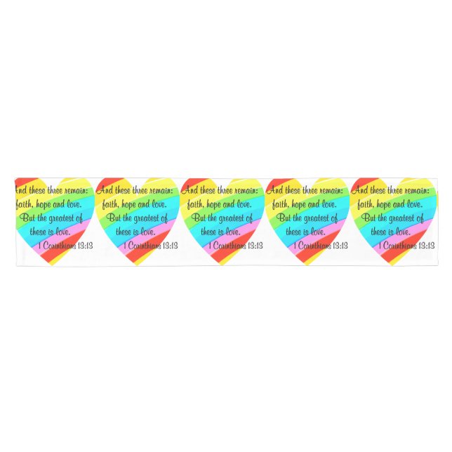 PRETTY CORINTHIANS 13:13 RAINBOW HEART DESIGN SHORT TABLE RUNNER (Horizontal)