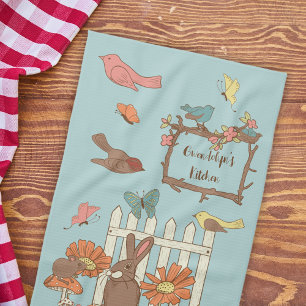 Pretty Cottagecore Birds and Animals Personalised Tea Towel