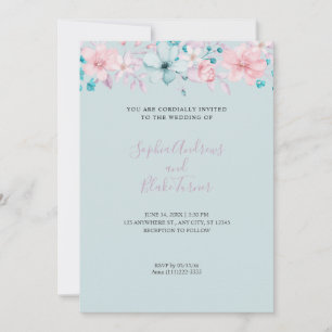 Pretty Country Pink and Blue Floral Blue Wedding Invitation