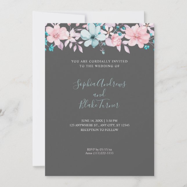 Pretty Country Pink and Blue Floral Grey Wedding Invitation (Front)