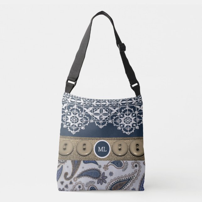 Pretty Country Style Tote Bag with Lace & Buttons (Front)