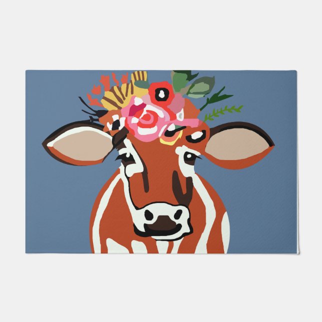 Pretty Cow And Flower Hat Doormat (Front)