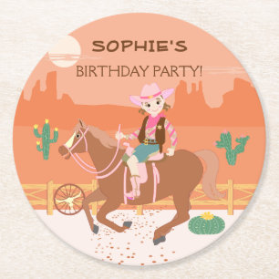 Pretty Cowgirl and horse Birthday Party Round Paper Coaster