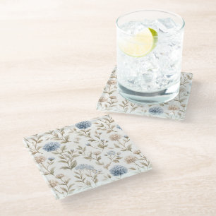 Pretty Cream Blue Flowers Glass Coaster