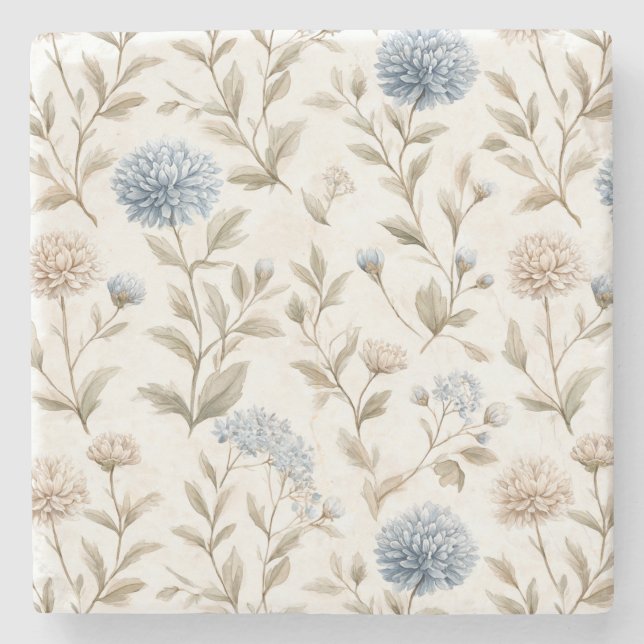 Pretty Cream Blue Flowers Stone Coaster (Front)