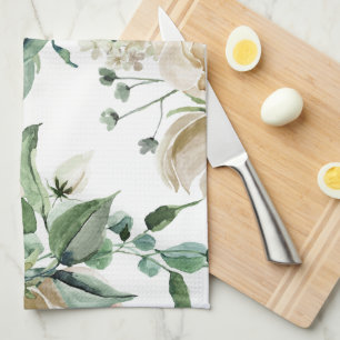 Pretty Cream Floral Botanical Tea Towel