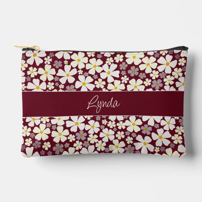 Pretty Cream Flower Power on Autumn Burgundy Accessory Pouch (Front)