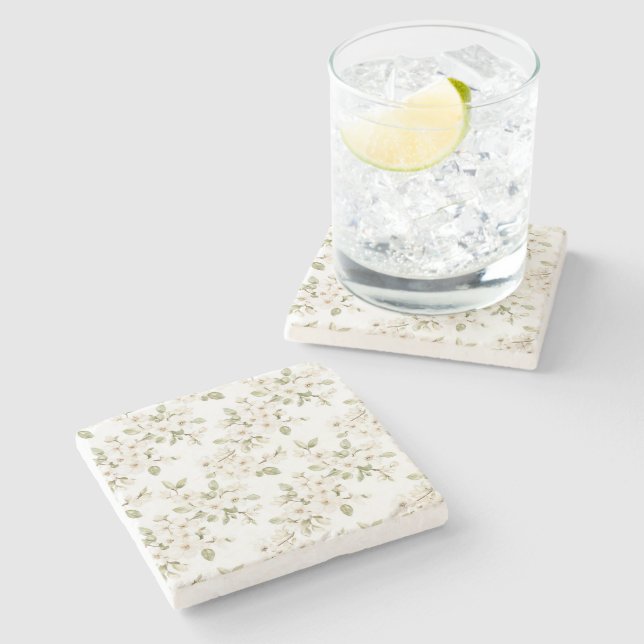 Pretty Cream Flowering Tree  Stone Coaster (Side)
