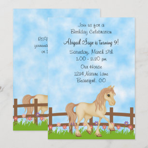 Pretty Cream Horse and Flowers Birthday Invitation