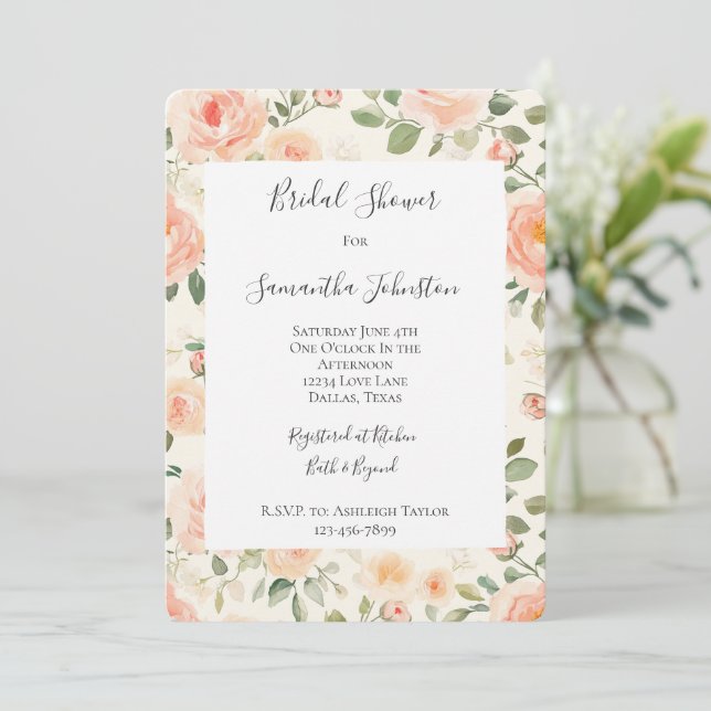 Pretty Cream Peach Floral Bridal Shower Invitation (Standing Front)