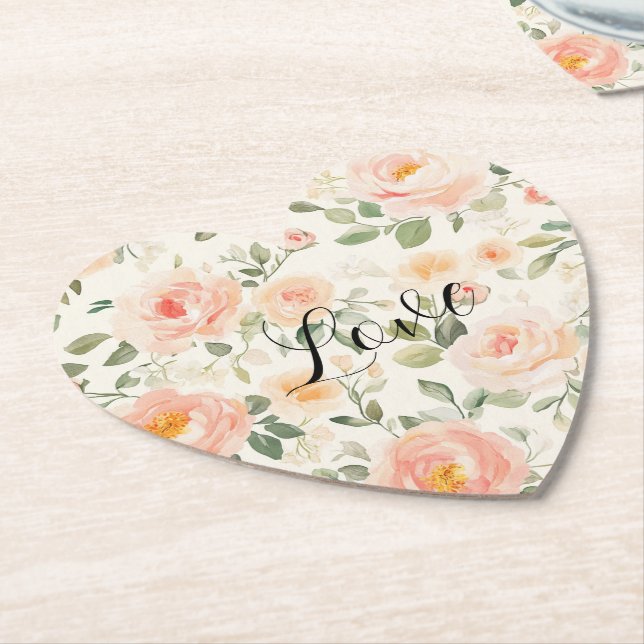 Pretty Cream Peach Floral Bridal Shower Paper Coaster (Angled)