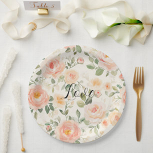 Pretty Cream Peach Floral Bridal Shower Paper Plate