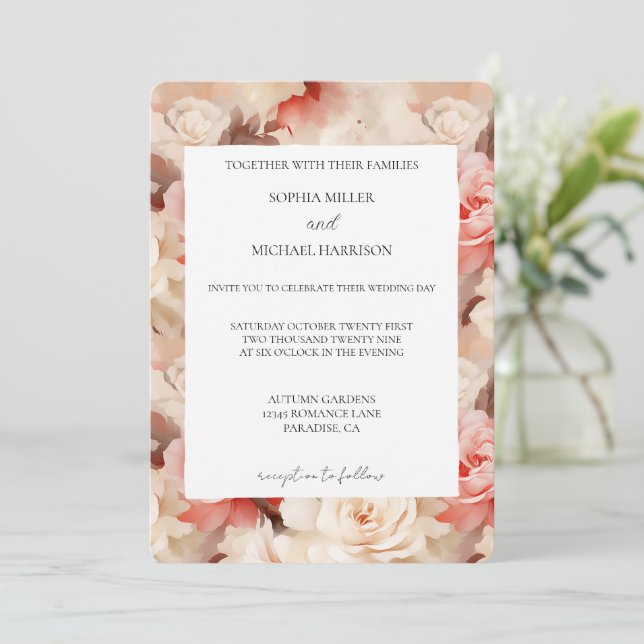 Pretty Cream Pink Floral Wedding Invitation (Standing Front)
