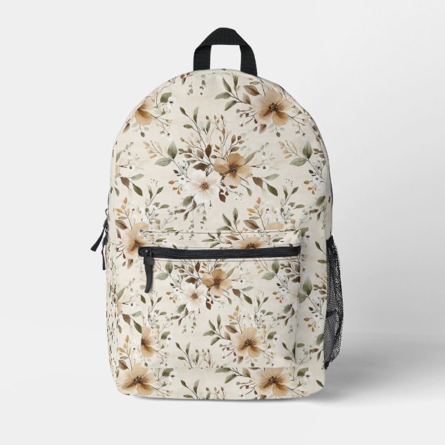 Pretty Cream White Flowers Printed Backpack (Front)