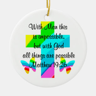 PRETTY CROSS AND RAINBOW MATTHEW 19:26 DESIGN CERAMIC ORNAMENT