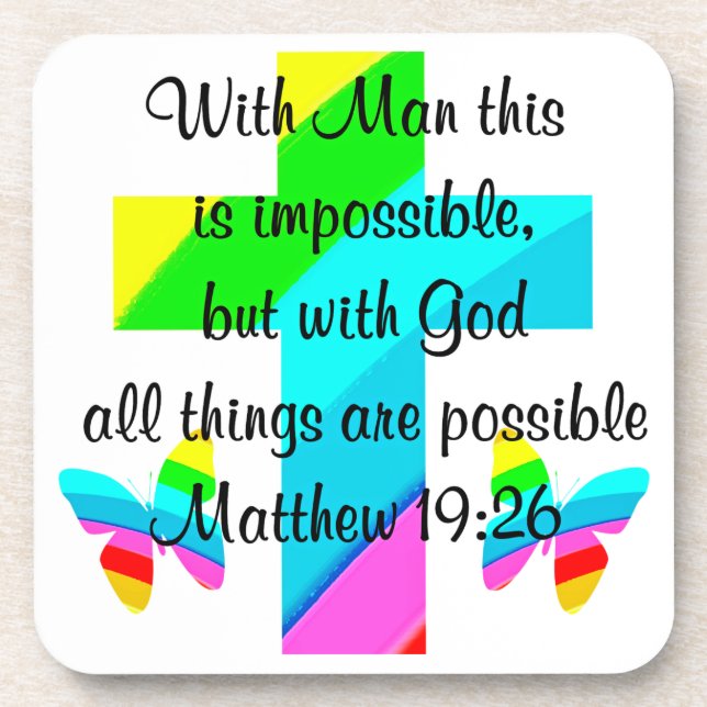 PRETTY CROSS AND RAINBOW MATTHEW 19:26 DESIGN COASTER (Front)