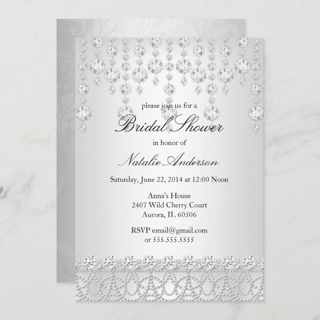 Pretty Crystal Bridal Shower Silver Grey White Invitation (Front/Back)