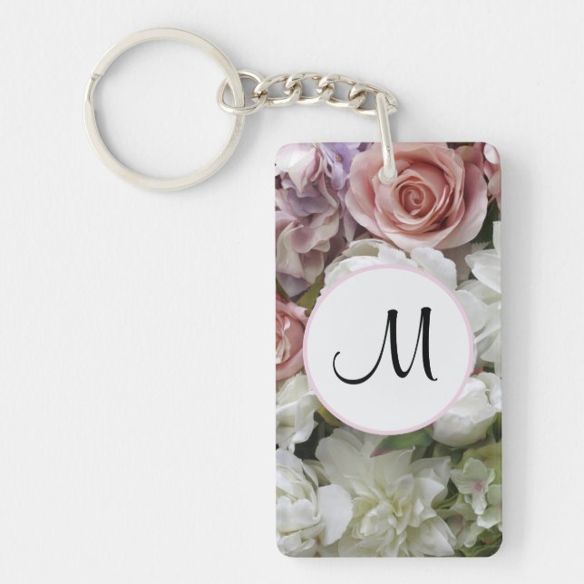 Pretty custom initial pink and ivory floral  key ring (Front)