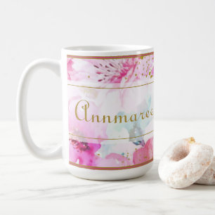 Pretty Custom Name Floral Pink and Gold  Latte Mug