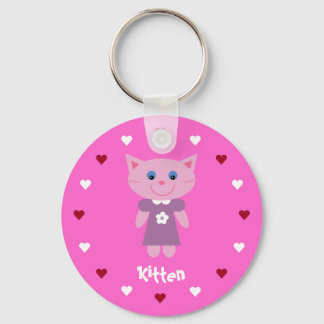 Pretty & Cute Kitten & Hearts Customisable Pink Key Ring