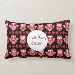 Pretty Cute Pink Owls and Flowers Pattern Black Lumbar Cushion