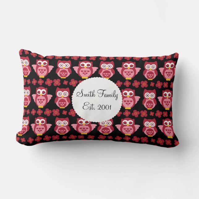 Pretty Cute Pink Owls and Flowers Pattern Black Lumbar Cushion (Front)