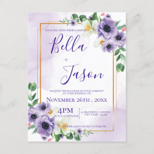 Pretty Cute Purple White Floral Gold Frame Wedding Invitation Postcard
