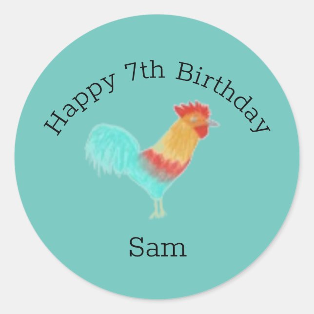 Pretty Cute Rooster Birthday Illustration Classic Round Sticker (Front)