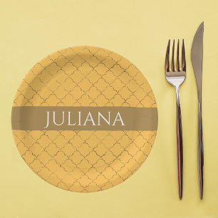 Pretty Daffodil  Gold Quatrefoil Personalised  Paper Plate