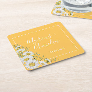 Pretty Daffodil Yellow & White Daisies Wedding Square Paper Coaster