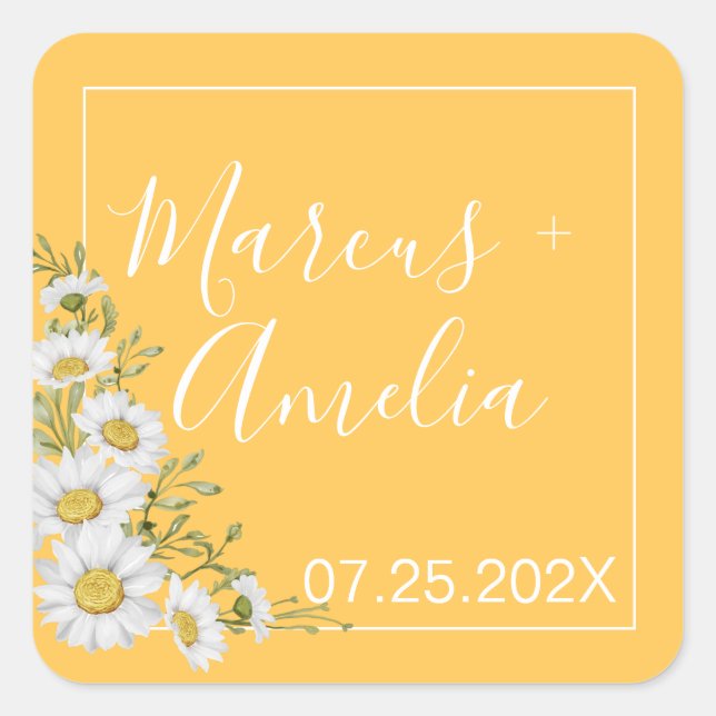 Pretty Daffodil Yellow & White Daisies Wedding  Square Sticker (Front)