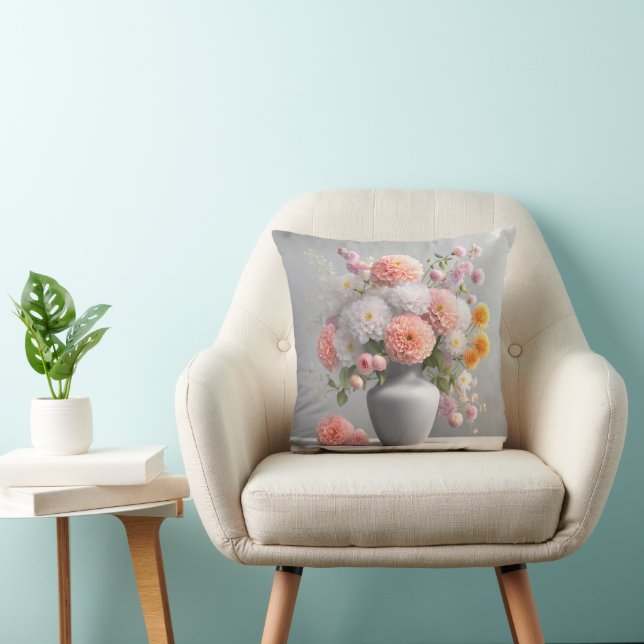 Pretty Dahlia Bouquet In Grey Vase Cushion (Chair)