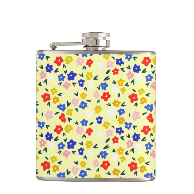 Pretty Dainty Cute Floral on Pastel Yellow Hip Flask (Front)