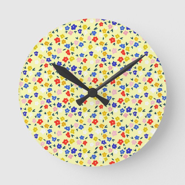 Pretty Dainty Cute Floral on Pastel Yellow Round Clock (Front)
