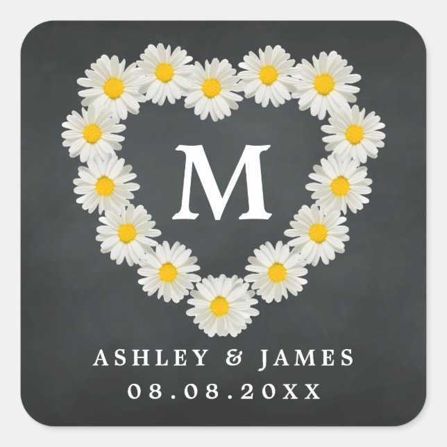 Pretty Daisies Monogram Wedding Chalkboard Square Sticker (Front)