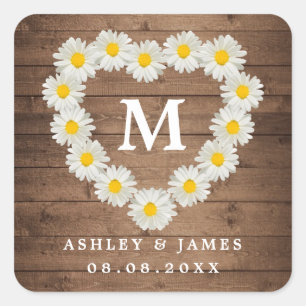 Pretty Daisies Monogram Wedding Rustic Wood Square Sticker