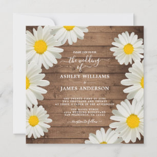 Pretty Daisies White Floral Rustic Wood Wedding Invitation