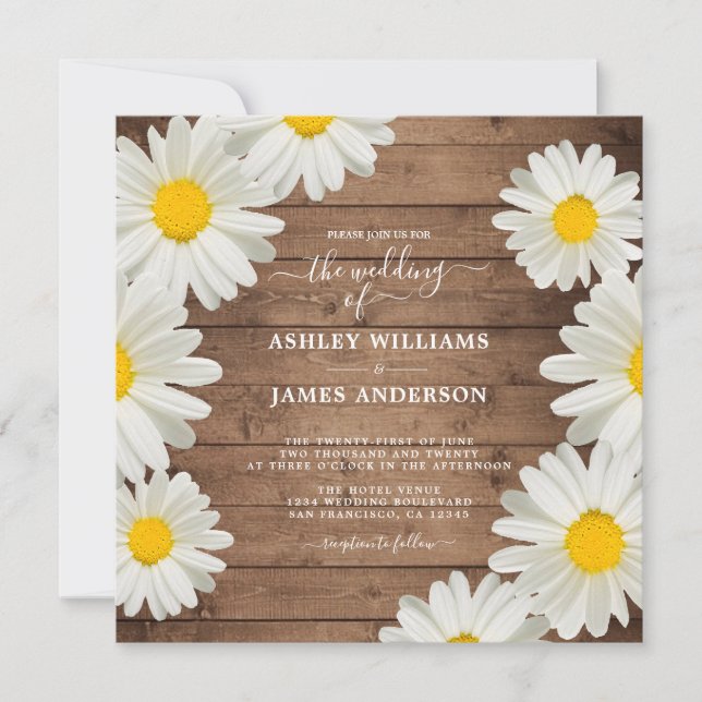 Pretty Daisies White Floral Rustic Wood Wedding Invitation (Front)
