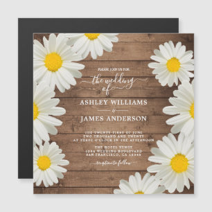 Pretty Daisies White Floral Rustic Wood Wedding Magnetic Invitation