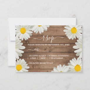Pretty Daisies White Floral Rustic Wood Wedding RSVP Card