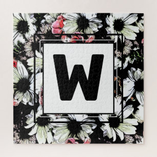 Pretty Daisy Flowers Black Monogram Family Wedding Jigsaw Puzzle