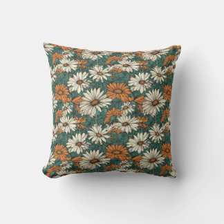 Pretty daisy flowers, green, orange and cream cushion