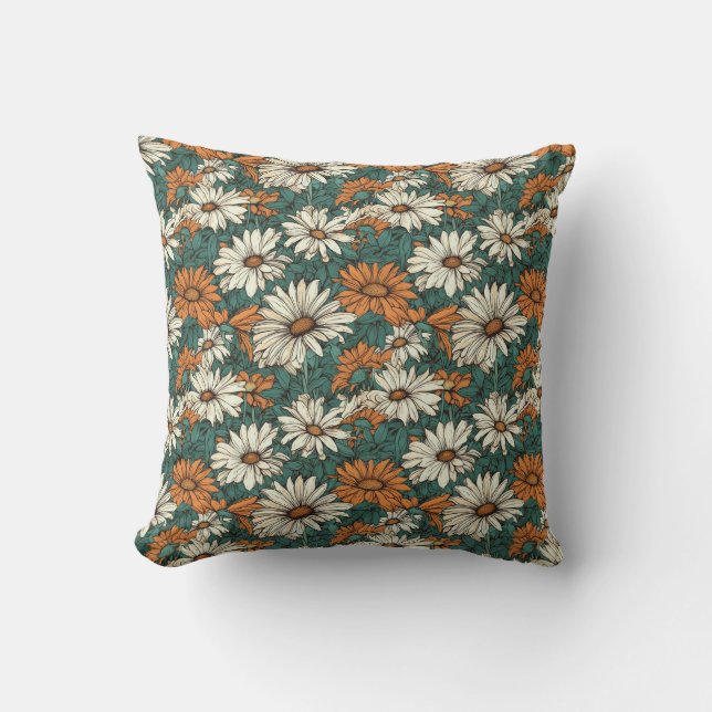 Pretty daisy flowers, green, orange and cream cushion (Front)