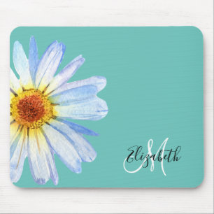 Pretty Daisy White Pink Monogram Mouse Pad
