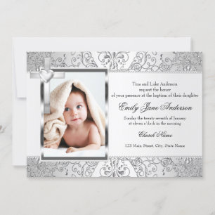 Pretty Damask & Cross Silver Photo Baptism Invite