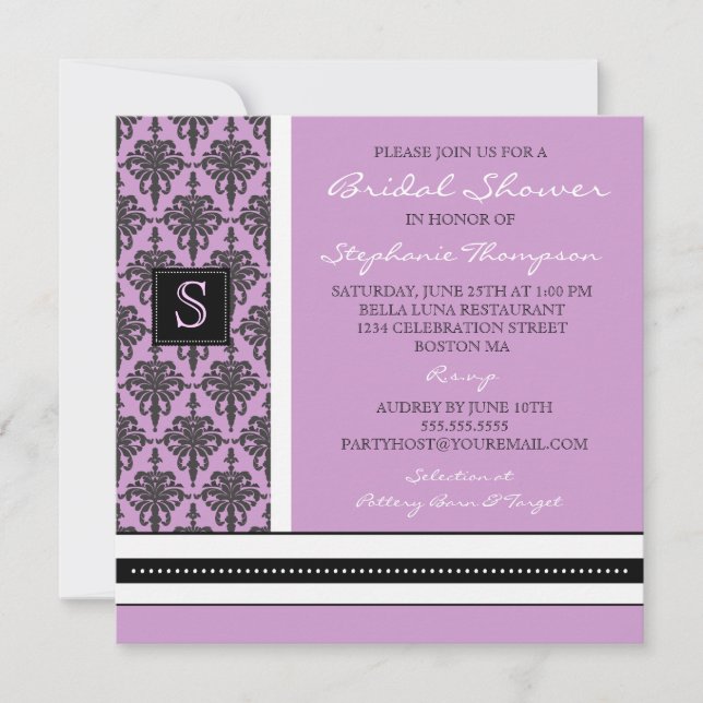 Pretty Damask Monogram Bridal Shower Invitation (Front)